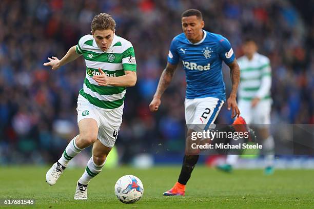 James Forrest of Celtic shadowed by James Tavernier of Rangers during the Betfred Cup Semi-Final match between Rangers and Celtic at Hampden Park on...