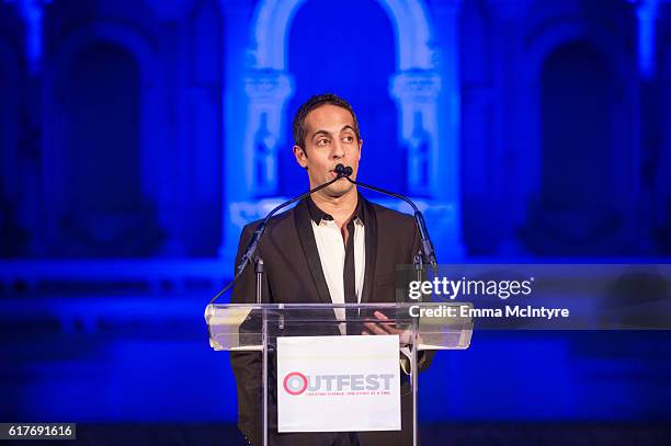 Outfest Board Member Abdi Nazemian speaks onstage at the 12th Annual Outfest Legacy Awards at Vibiana on October 23, 2016 in Los Angeles, California.