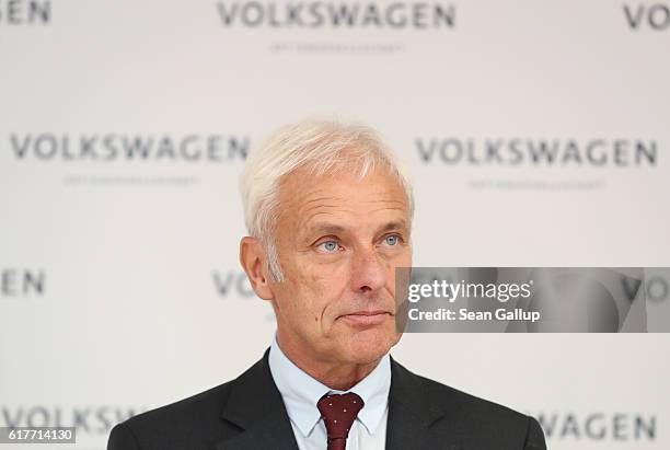 Matthias Mueller , CEO of German carmaker Volkswagen AG, speaks at an event to present the company's new sustainability council following the...