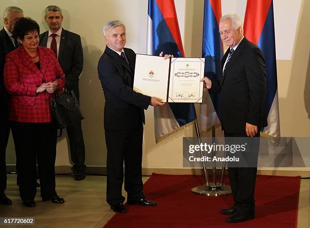 Momcilo Krajisnik receives certificate of appreciation given by Speaker of the Republica Srpska in Banja Luka, Bosnia and Herzegovina on October 24,...