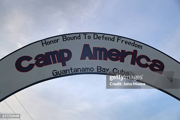 Sign hangs in a U.S. Military guard camp at the U.S. Prison at Guantanamo Bay, also known as "Gitmo" on October 22, 2016 at the U.S. Naval Station at...