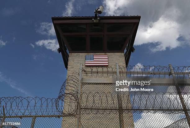 Guard tower stands at the entrance of the U.S. Prison at Guantanamo Bay, also known as "Gitmo" on October 23, 2016 at the U.S. Naval Station at...