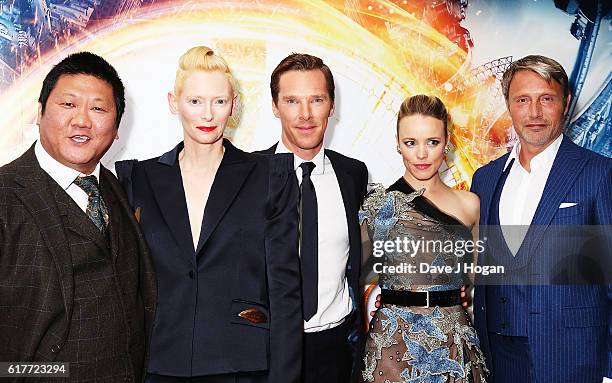 Benedict Wong, Tilda Swinton, Benedict Cumberbatch, Rachel McAdams and Mads Mikkelsen attend the fan screening event for "Doctor Strange" on October...