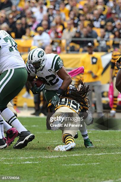 Linebacker Jarvis Jones of the Pittsburgh Steelers makes a stop against the New York Jets at Heinz Field on October 9, 2016 in Pittsburgh,...