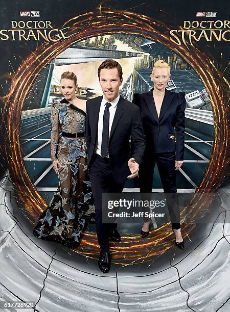 Rachel McAdams, Benedict Cumberbatch and Tilda Swinton in front of the Doctor Strange inspired 3D Art at a fan screening, to celebrate the release of...