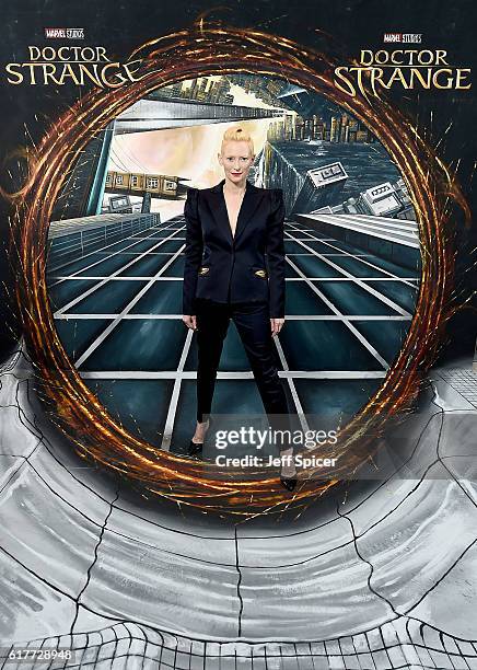 Tilda Swinton in front of the Doctor Strange inspired 3D Art at a fan screening, to celebrate the release of Marvel Studio's Doctor Strange at the...