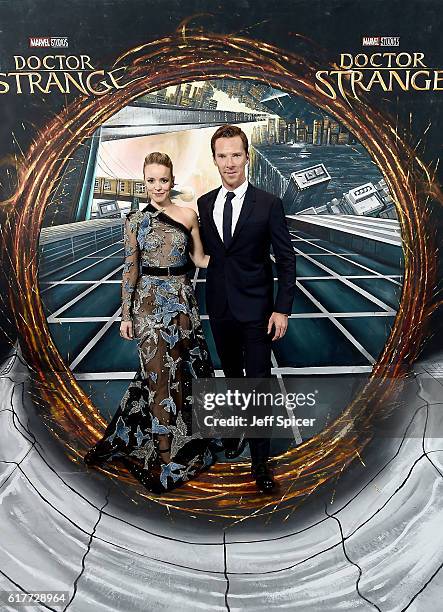 Rachel McAdams and Benedict Cumberbatch in front of the Doctor Strange inspired 3D Art at a fan screening, to celebrate the release of Marvel...