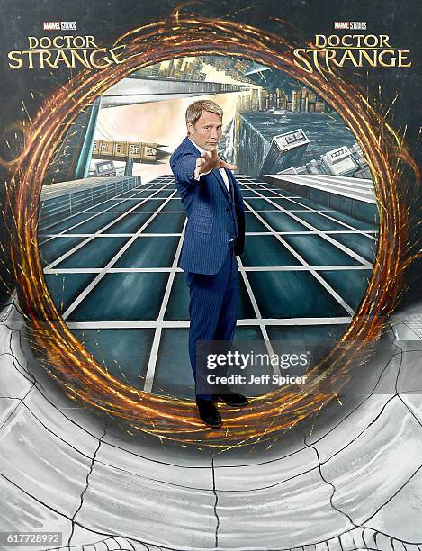 Mads Mikkelsen in front of the Doctor Strange inspired 3D Art at a fan screening, to celebrate the release of Marvel Studio's Doctor Strange at the...