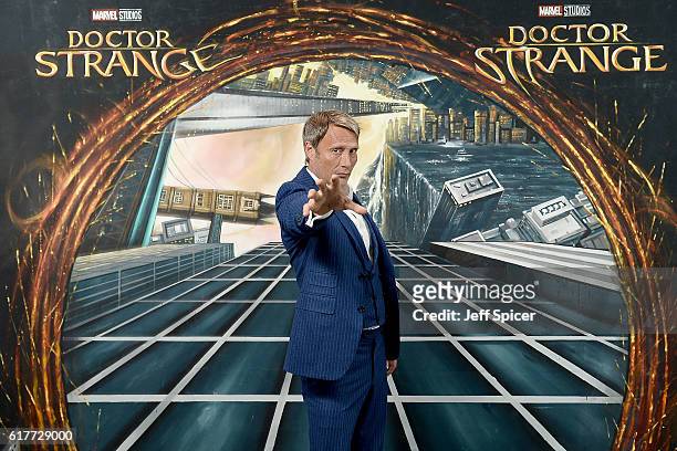 Mads Mikkelsen in front of the Doctor Strange inspired 3D Art at a fan screening, to celebrate the release of Marvel Studio's Doctor Strange at the...