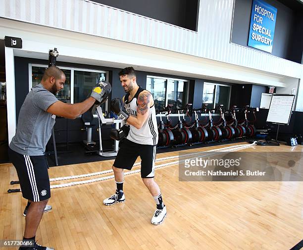 Greivis Vasquez of the Brooklyn Nets boxes for a work out during practice at HSS Training Center on October 19, 2016 in Brooklyn, New York. NOTE TO...