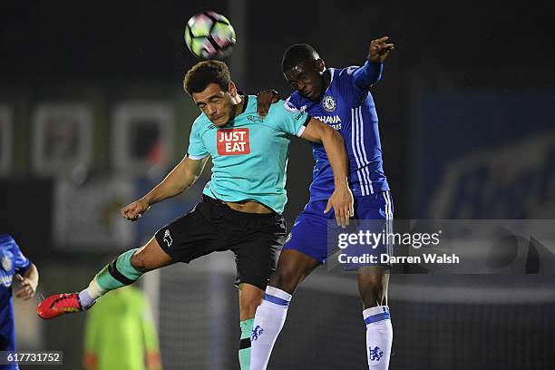 Fikayo Tomori of Chelsea and Mason Bennett of Derby County during a Premier League 2 match between Chelsea and Derby County at The EBB Stadium on...