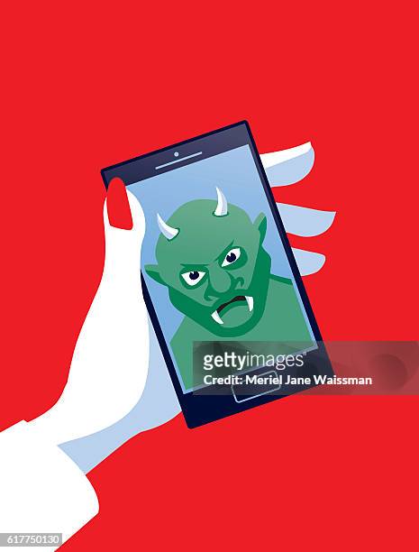 businesswoman holding mobile phone with troll - online predator stock illustrations