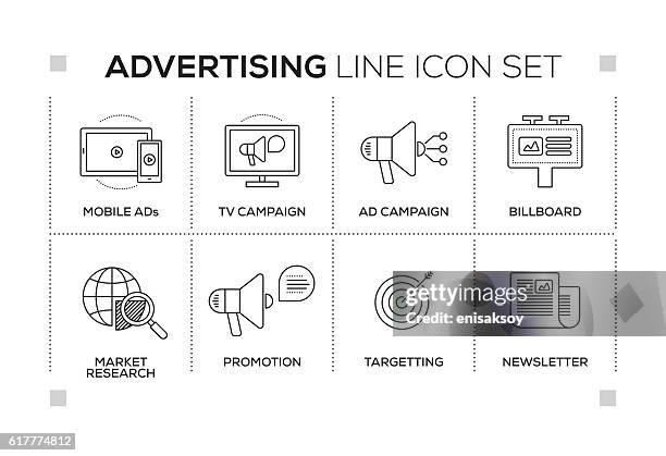 ilustrações de stock, clip art, desenhos animados e ícones de advertising & promo keywords with monochrome line icons - anúncio de televisão