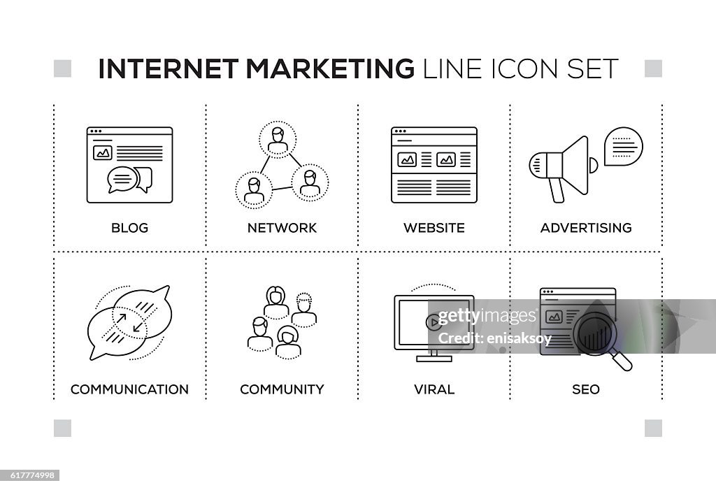 Palavras-chave do Internet Marketing com �ícones de linha monocromática