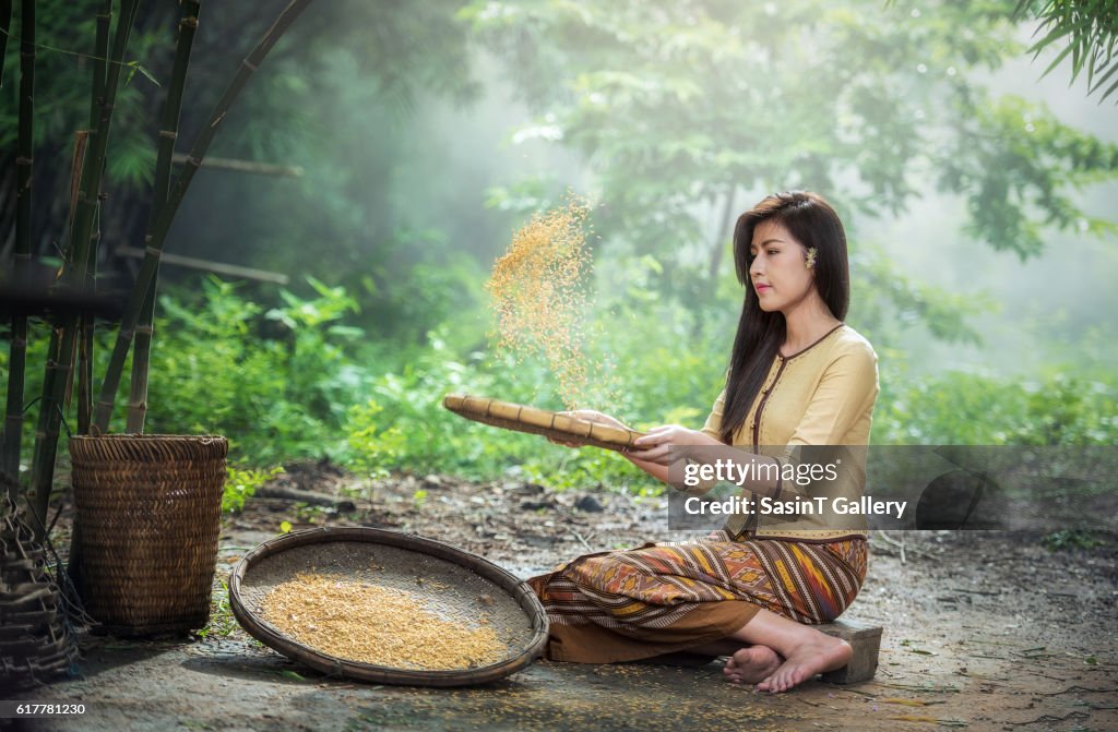 Beautiful girl winnowing rice separate