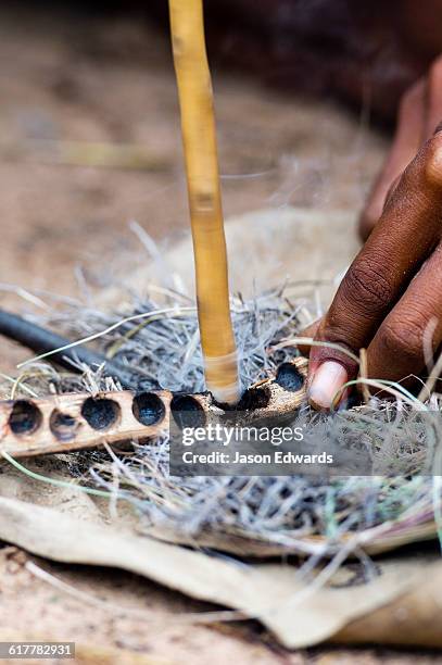 san bushmen starting a fire using dry grass kindling, a wooden drill of hard wood and a soft wood fire board. - stick plant part fotografías e imágenes de stock