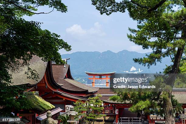 the famous torii gate at itsukushima shrine, is a ryobu-style torii seen over the rooftops of a temple. - 厳島神社 ストックフォトと画像