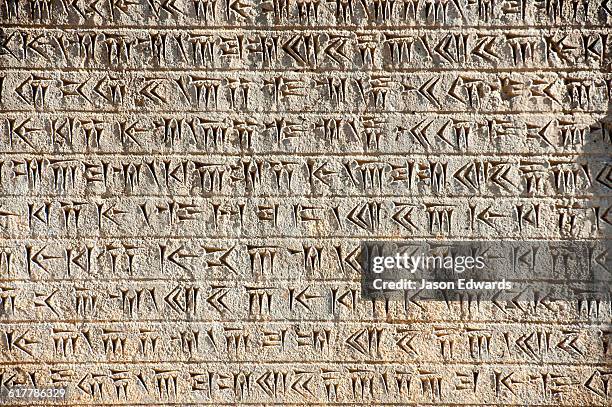 a beautifully preserved cunieform inscription in the hadish palace. - cuneiforme fotografías e imágenes de stock