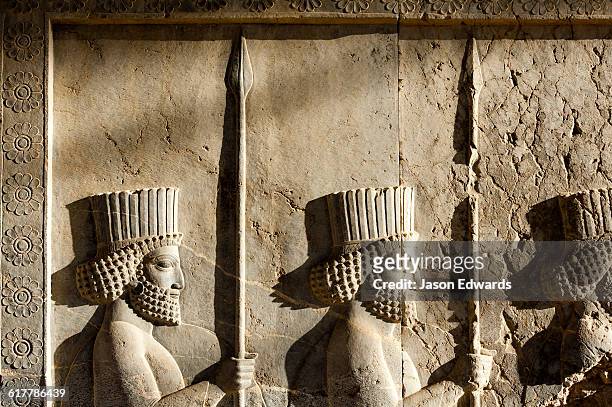 a limestone frieze of immortal guards carrying spears carved into a stone wall at persepolis. - cultura persa fotografías e imágenes de stock