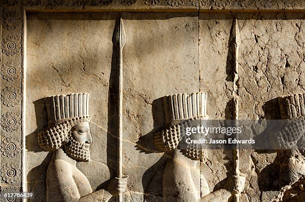 a limestone frieze of immortal guards carrying spears carved into a stone wall at persepolis. - persian weapons bildbanksfoton och bilder