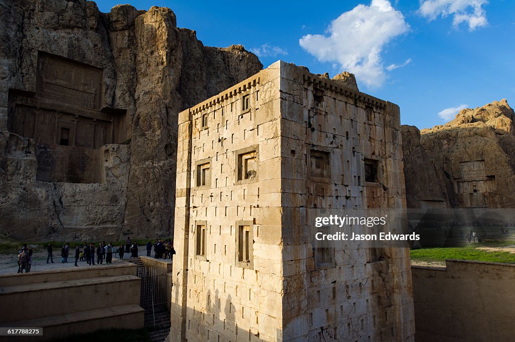 There are four tombs belonging to Achaemenid kings carved from the rock face at the archeological site of Naqsh-e Rustam also known as the Necropolis.