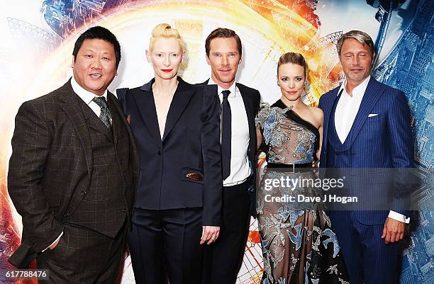 Benedict Wong, Tilda Swinton, Benedict Cumberbatch, Rachel McAdams and Mads Mikkelsen attend the fan screening event for "Doctor Strange" on October...