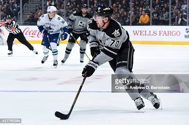 Tanner Pearson of the Los Angeles Kings handles the puck during a game against the Vancouver Canucks at STAPLES Center on October 22, 2016 in Los...