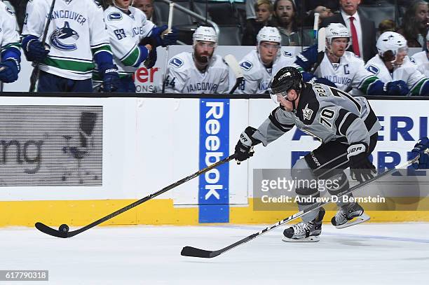 Tanner Pearson of the Los Angeles Kings handles the puck during a game against the Vancouver Canucks at STAPLES Center on October 22, 2016 in Los...