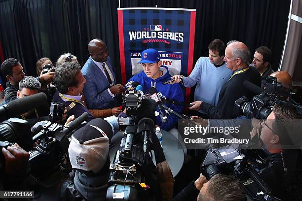 Anthony Rizzo of the Chicago Cubs is interviewed during Media Day for the 2016 World Series at Progressive Field on October 24, 2016 in Cleveland,...