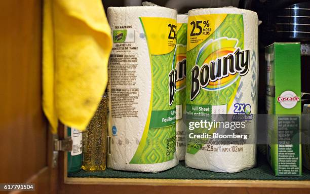 Procter & Gamble Co. Bounty brand paper towels are arranged for a photograph in Tiskilwa, Illinois, U.S., on Monday, Oct. 24, 2016. Procter & Gamble...