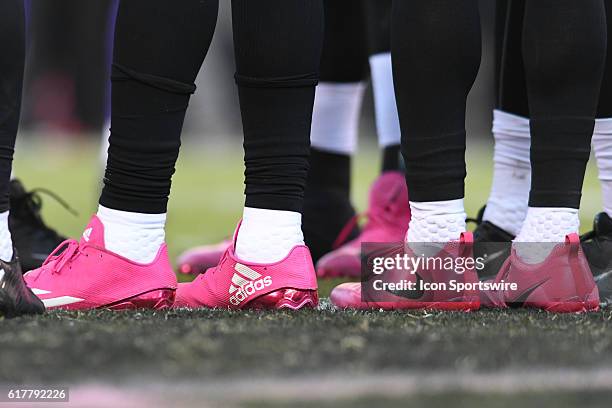 Adidas and Nike cleats in pink during a National Football League game between the Minnesota Vikings and the Philadelphia Eagles at Lincoln Financial...