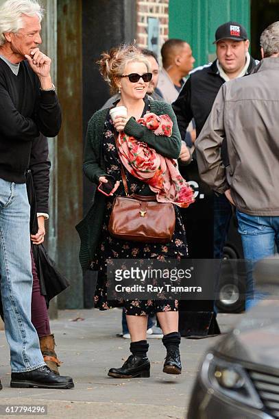 Actress Helena Bonham Carter enters the "Ocean 8" movie set at the Mile End Delicatessen on October 24, 2016 in New York City.