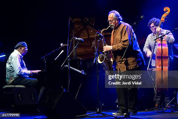 Chucho Valdes, Joe Lovano and Gaston Joya of Valdes-Lovano Quintet perform on stage during Festival Internacional Jazz Barcelona at Sala Barts on...