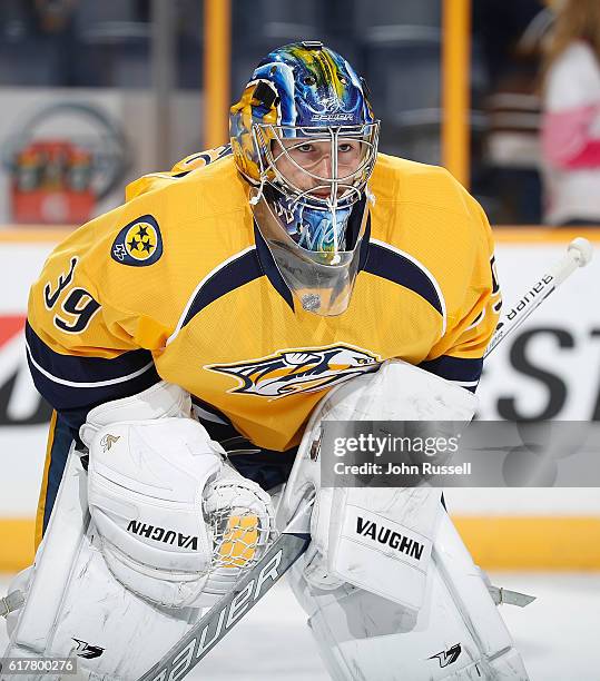 Marek Mazanec of the Nashville Predators skates in warmups prior to an NHL game against the Dallas Stars at Bridgestone Arena on October 18, 2016 in...