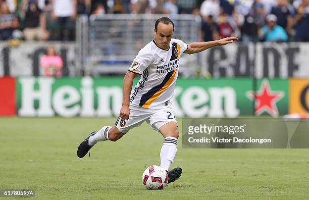 Landon Donovan of the Los Angeles Galaxy takes a direct free kick during the MLS match between FC Dallas and the Los Angeles Galaxy at StubHub Center...