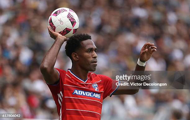 Atiba Harris of FC Dallas looks to throw the ball into play during the MLS match between FC Dallas and the Los Angeles Galaxy at StubHub Center on...