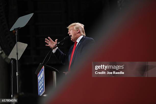 Republican presidential candidate Donald Trump speaks during a campaign rally at the MidFlorida Credit Union Amphitheatre on October 24, 2016 in...