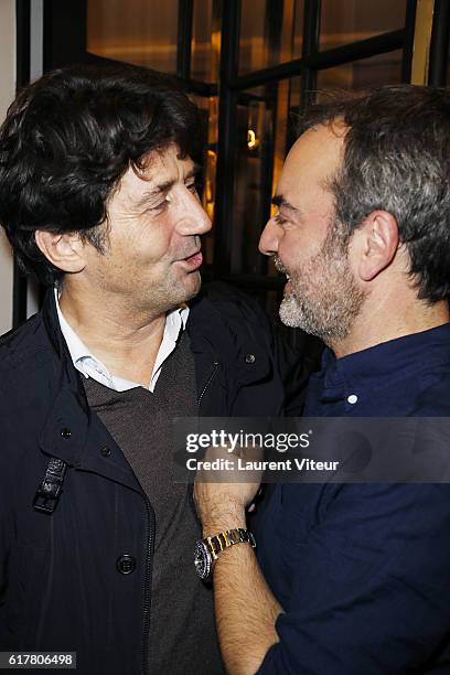 Bruno Madinier and Bruno Solo attend "L'Heureux Elu" Theater Play Premiere at Theatre de La Madeleine on October 24, 2016 in Paris, France.