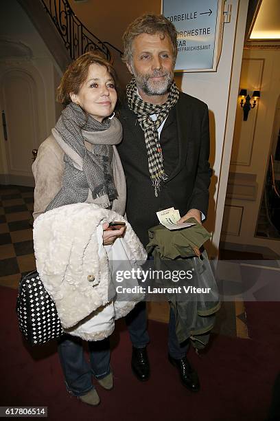 Muriel Cousin and Stephane Guillon attend "L'Heureux Elu" Theater Play Premiere at Theatre de La Madeleine on October 24, 2016 in Paris, France.