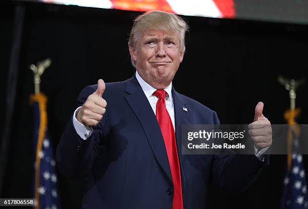 Republican presidential candidate Donald Trump speaks during a campaign rally at the MidFlorida Credit Union Amphitheatre on October 24, 2016 in...