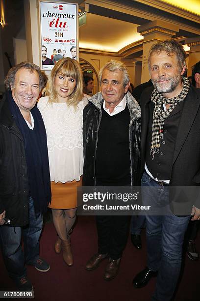 Daniel Russo, Melanie Page, Michel Boujenah and Stephane Guillon attend "L'Heureux Elu" theater play premiere at Theatre de La Madeleine on October...