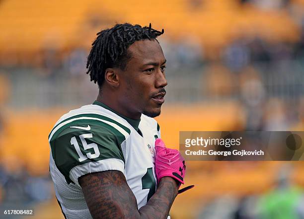 Wide receiver Brandon Marshall of the New York Jets looks on from the field before a game against the Pittsburgh Steelers at Heinz Field on October...