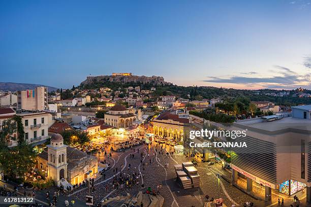 monastiraki square and acropolis of athens, greece - parthenon athens fotografías e imágenes de stock