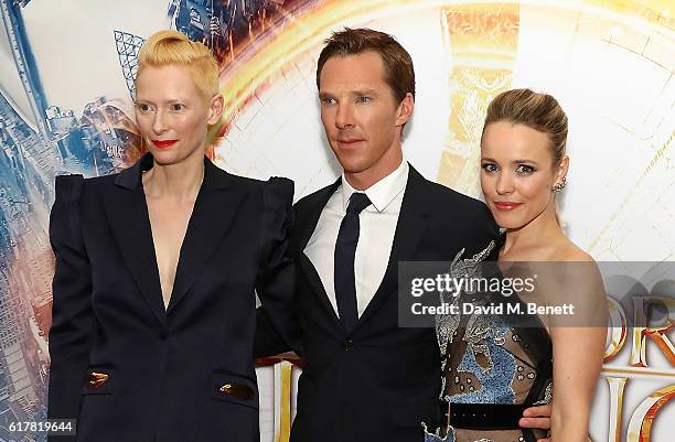 Tilda Swinton, Benedict Cumberbatch and Rachel McAdams attend a fan screening of "Doctor Strange" at Odeon Leicester Square on October 24, 2016 in...
