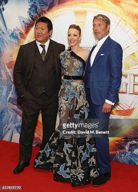 Benedict Wong, Rachel McAdams and Mads Mikkelsen attend a fan screening of "Doctor Strange" at Odeon Leicester Square on October 24, 2016 in London,...
