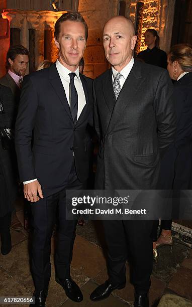 Benedict Cumberbatch and Dylan Jones attend Marvel Studios and British GQ hosted reception in The Cloisters at Westminster Abbey, to celebrate the...