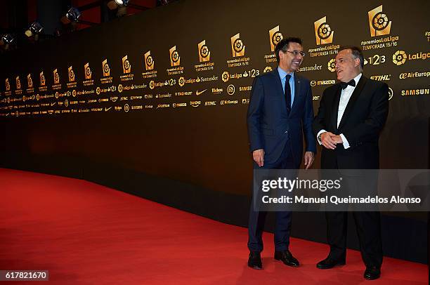 Josep Maria Bartomeu and Javier Tebas attend the LFP Soccer Awards Gala 2016 at Palacio de Congresos on October 24, 2016 in Valencia, Spain.