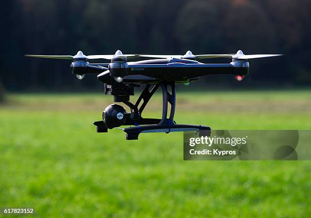 europe, germany, bavaria, view of  drone (or drohne) mid-air flying - ferngesteuert stock pictures, royalty-free photos & images