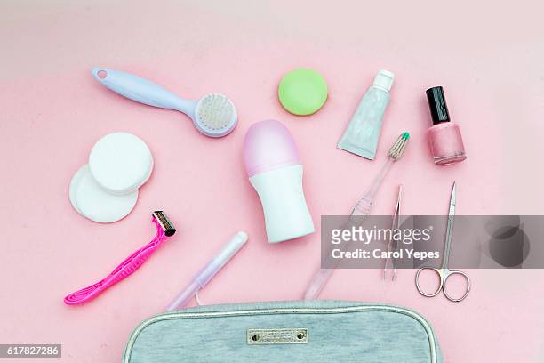 composition of feminine intimate hygiene set over white background. view from above. - toiletries stock pictures, royalty-free photos & images
