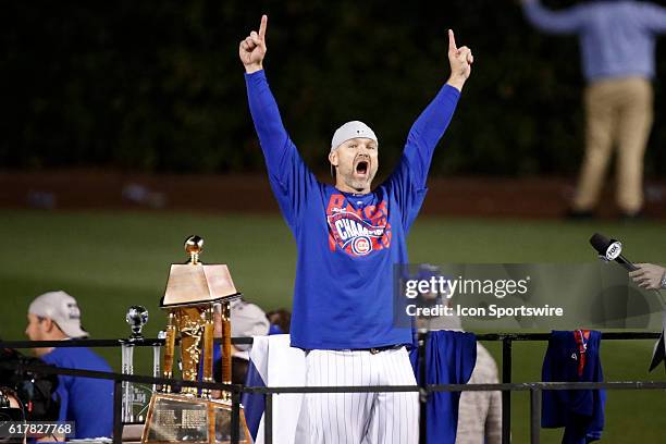 Chicago Cubs catcher David Ross celebrate winning the NLCS after defeating the Los Angeles Dodgers in action during game six of the National League...